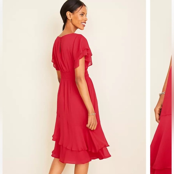 NWT Ann Taylor red smocked waist flare midi dress Sz XXS - Picture 2 of 13